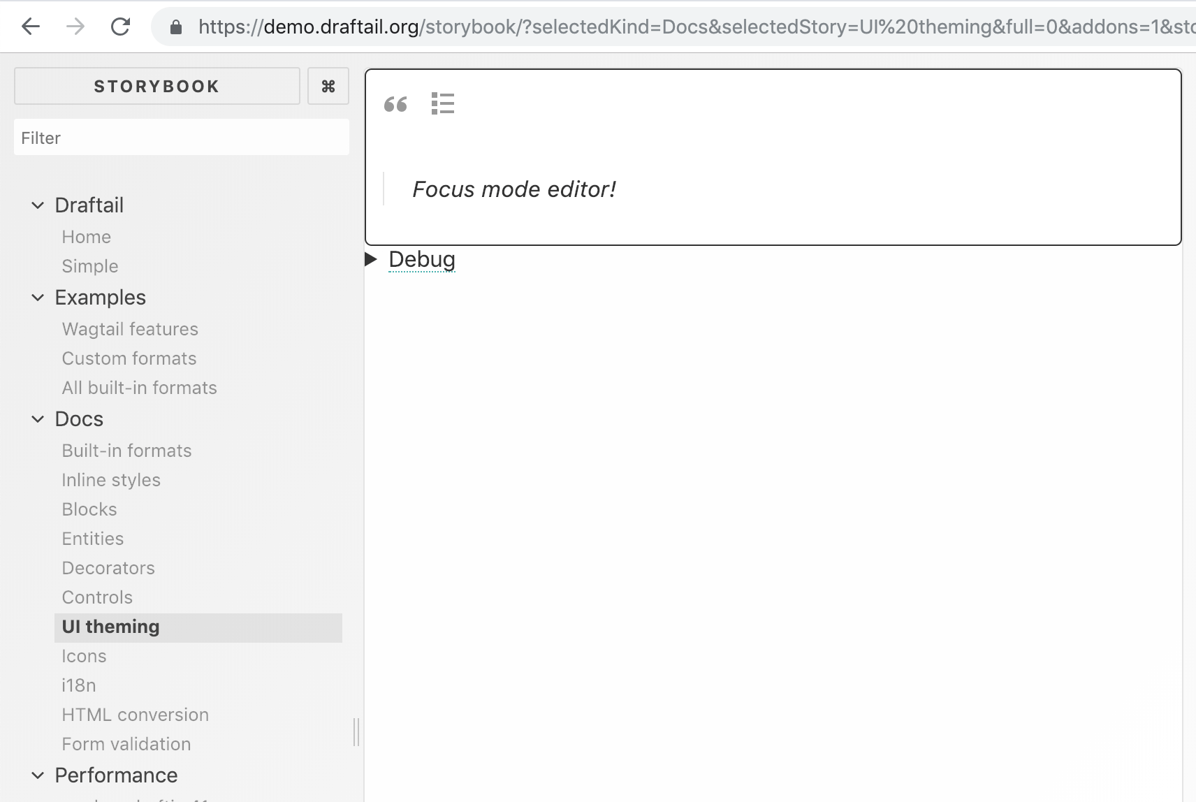 Screenshot of Storybook for Draftail, with the stories menu shown on the left side, and the "UI theming" story active on the right. This story shows the editor with a custom "focus mode" UI theme