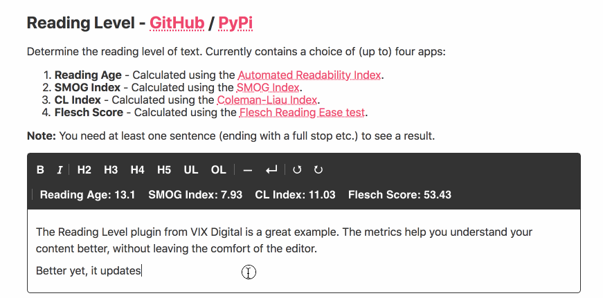 Screenshot of the reading level plugin, with readability metrics updating as the user types in the editor