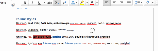 Editor screenshot with a demo of copy-pasting from Word, preserving italics and bold
