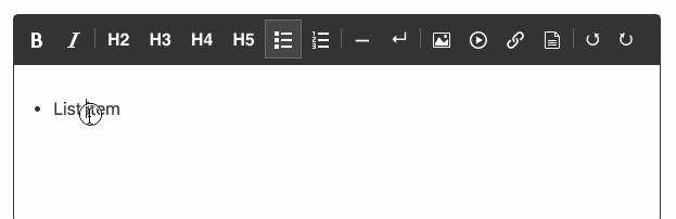 Editor screenshot showing support for line breaks and horizontal rules with their corresponding shortcuts